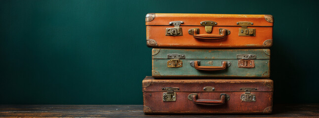 Stacked Vintage Suitcases with Brown Leather and Aged Details on Wooden Surface Against Teal Background in Classic Style