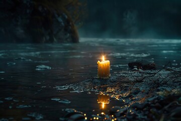 single glowing candle in deep darkness, dramatic lighting, symbolic Earth Hour
