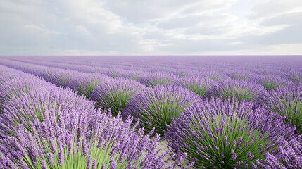 Obraz premium Expansive field of purple lavender flowers in full bloom under a clear blue sky stretching into the horizon