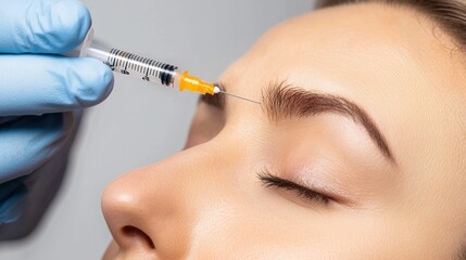 Close-up of a woman receiving a Botox injection on her forehead for wrinkle reduction and cosmetic enhancement.