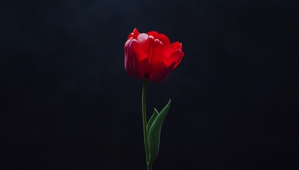 Obraz premium Isolated red tulip on dark background with soft smoke
