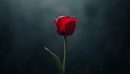 Single red tulip in moody dark background