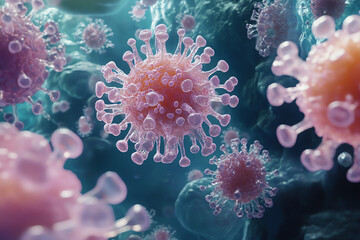 Obraz premium Close-up view of colorful viral cells in a microscopic environment.