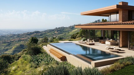 Fototapeta premium Modern hillside home with infinity pool and panoramic city views