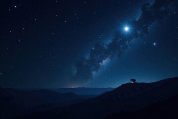 Obraz premium Celestial scene with twinkling stars against a deep black background, a lone star shining bright in the distance, vastness, universe