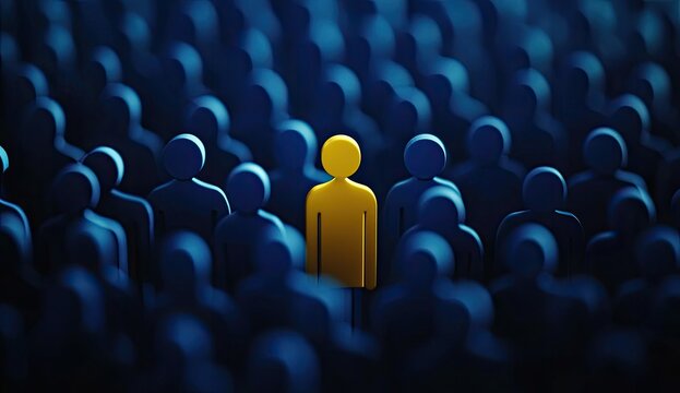 A single, bright yellow figure amidst a sea of dark blue figures