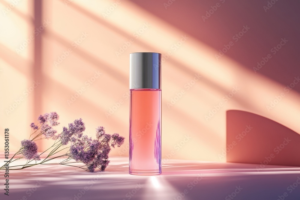 Poster creative arrangement of a perfume bottle with lavender flowers and soft shadows in a minimalist sett