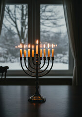 Fototapeta premium Elegant Menorah Lighting: Warm Indoor Jewish Hanukkah Celebration with Candles and Cozy Winter Decor