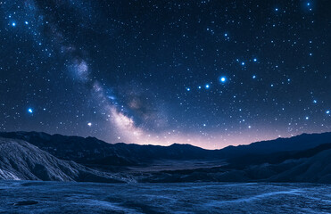 A celestial landscape featuring a starry night sky over a mountainous terrain with a milky way view