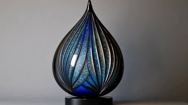 Unique glass art piece shaped like a droplet showcasing swirling blue and silver designs with a sleek black base