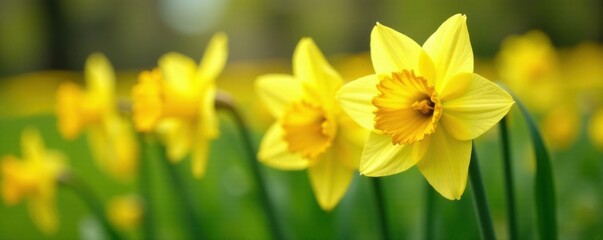 Obraz premium Close-up of vibrant daffodil flowers with trumpet-shaped petals and golden centers in a lush meadow, spring, nature, meadow