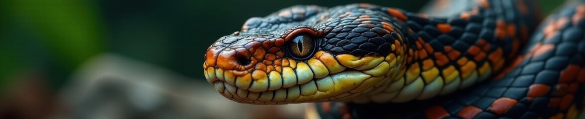 Fototapeta premium Close-up of viper snake's face showing sharp teeth and piercing gaze, reptile wildlife, venomous snake
