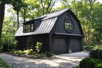 Modern black barn-style house surrounded by lush greenery in a serene forest setting with meticulously landscaped path on a sunny day