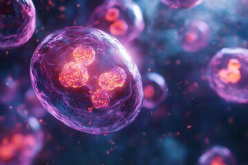 Microscopic view of cells with glowing nuclei in vibrant colors.