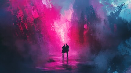 Fototapeta premium Silhouette Couple Embracing Under an Abstract Painted Sky of Vibrant Hues