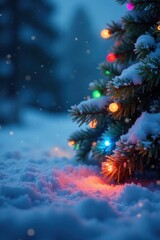 Colorful Christmas lights adorn a seamless border on a snowy background, festive, seamless