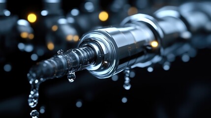 High-tech device with dripping water.  Close-up view of a chrome metal component with water droplets cascading from it