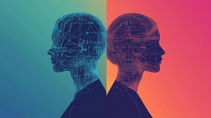Digital silhouette of human profiles with tech mesh overlay.