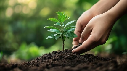 Planting a seedling in the garden, environmental conservation
