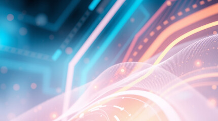 Background of a modern corporate slide presentation with glowing particles, sleek geometric designs, digital wave.