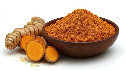 Turmeric root and powder in wooden bowl
