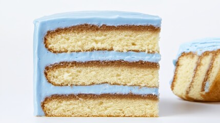 Fototapeta premium A three-layer cake with a blue frosting is cut in half, revealing the layers underneath. The cake is a delicious treat that is perfect for any occasion