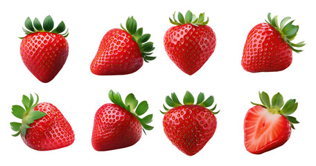 Fresh Red Strawberries Collection with Vibrant Green Leaves, PNG bundle collection, Isolated on Transparent Background