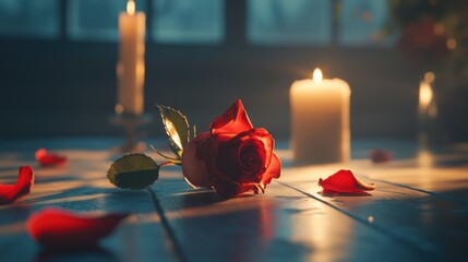 Romantic ambiance, Red rose, scattered petals and candles aglow elegantly