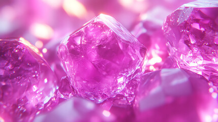 A close up of pink crystals with light reflecting off the facets of the gems