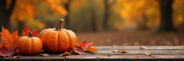 Cozy pumpkin scene amidst fall foliage on rustic wooden table, pumpkins, wood
