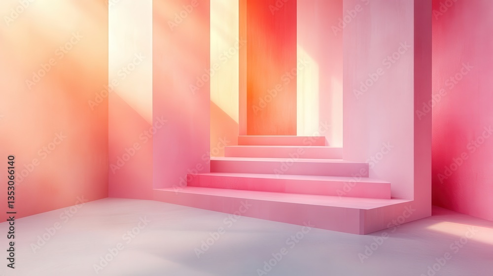 Poster Vibrant stepped walls create an artistic indoor space with pastel colors reflecting light beautifully in an abstract composition within a modern environment
