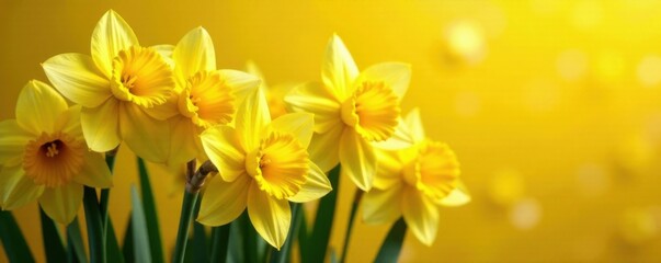 Fototapeta premium Daffodil flower clusters with shiny yellow leaf gold foil texture, daffodils, sunshine, leafy greens
