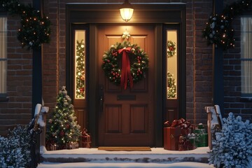 Fototapeta premium A Decorated Front Door Welcomes the Holiday Season Cheer