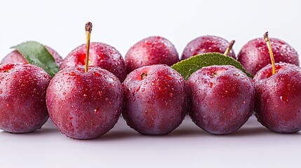 Obraz premium Fresh plums with water droplets and leaves