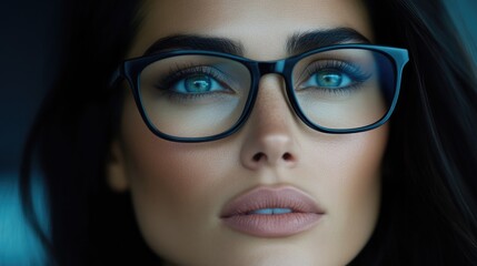 Fototapeta premium Beautiful woman with striking blue eyes and dark hair wears stylish black-rimmed glasses in a close-up portrait.