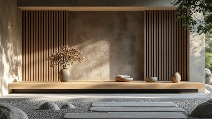 Zen-inspired indoor outdoor space with natural elements.  Wooden bench, textured walls, and a zen garden.  Soft lighting