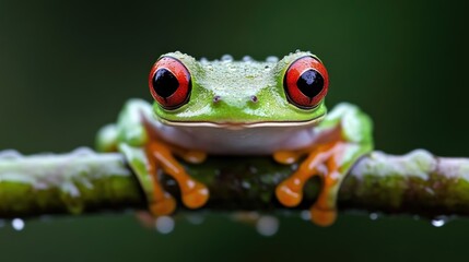 Close-up of a vibrant red-eyed tree frog on a branch