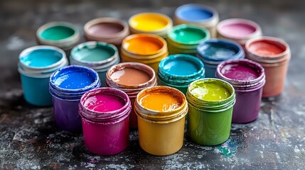 Vibrant collection of colorful acrylic or gouache paints in small glass jars arranged on dark textured surface, showcasing rich pigments for artistic projects.