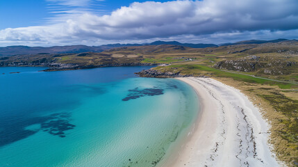 Aerial view of calm turquoise beach under breaking storm clouds