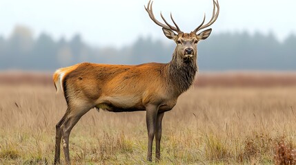 Naklejka premium Majestic red deer stag with impressive antlers standing alert in autumn meadow grassland, side view portrait against blurred natural background in warm colors.