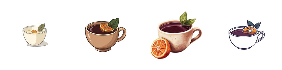 Varied cups of hot drinks featuring orange slices and fresh herbs in unique styles.