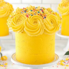 Yellow buttercream cake with sprinkles, on cake stand, kitchen background; perfect for baking blogs, websites, or recipe books