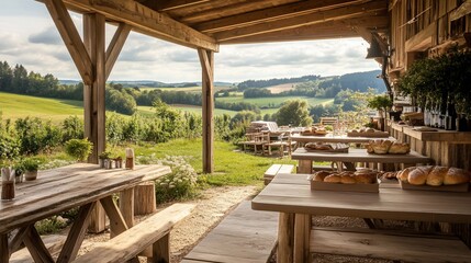 Obraz premium Rustic Charm: Outdoor Dining with Breathtaking Countryside Views in Summer