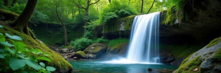 Fototapeta premium Dense foliage sways above a crystal clear waterfall cascading down a moss covered stone , humidity, tropical, green
