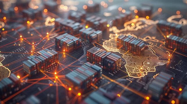 3d rendered global supply chain map showing interconnected trade routes logistics hubs distribution networks