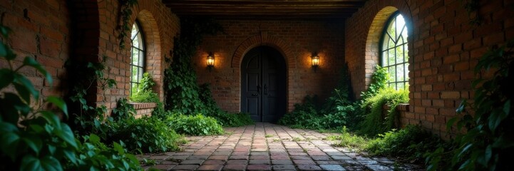 Dimly lit room with old bricks and mortar, overgrown with vines and moss , bleak, darkness, old
