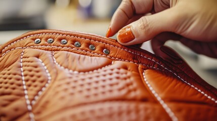 Woman's hand inspecting stitched leather in a workshop