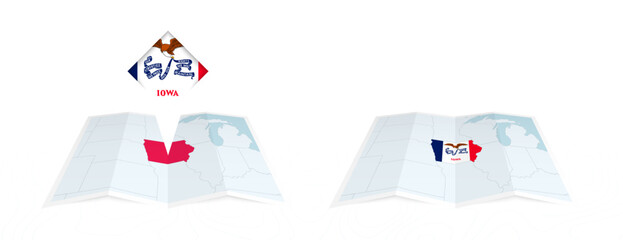 Two versions of an Iowa folded map, one with a pinned country flag and one with a flag in the map contour. Template for both print and online design.