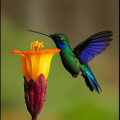 Vibrant hummingbird feeding on orange flower, blurred green background, nature scene, perfect for nature websites or publications