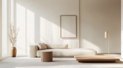An airy interior shot of a minimalist living room, showcasing a neutral color palette, simple furniture, and an uncluttered design that promotes tranquility.